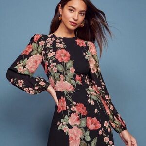 REFORMATION Louise Black Floral Print Puff Sleeve LUANNE Crepe Midi